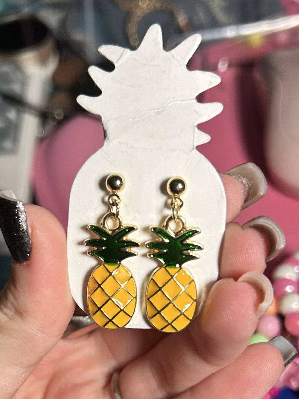 Pineapple Dangle Earrings Yellow Green Enamel Tropical Fruit Earrings